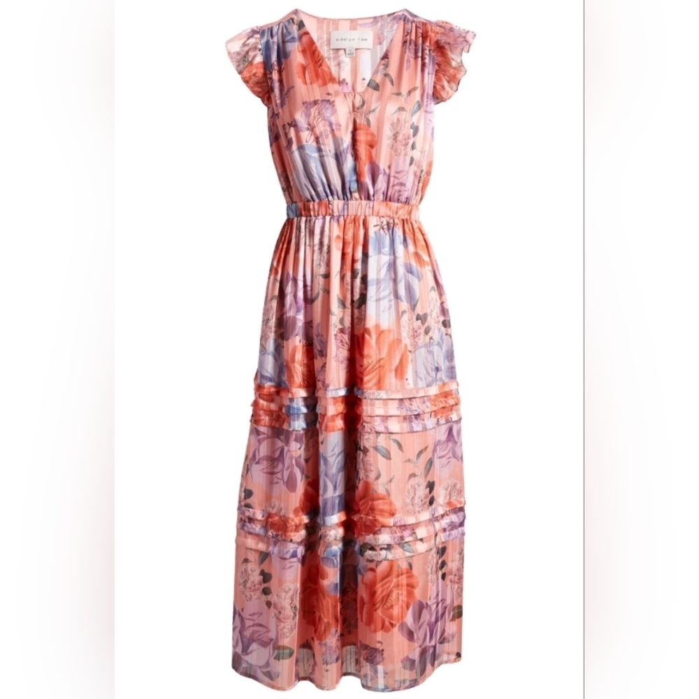 Adelyn Rae Emma Pleated Midi Dress in Desert Coral size XS Metallic Flutter